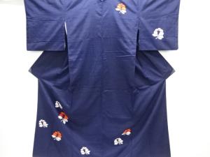 アンティーク　椿模様織り出し手織り紬着物